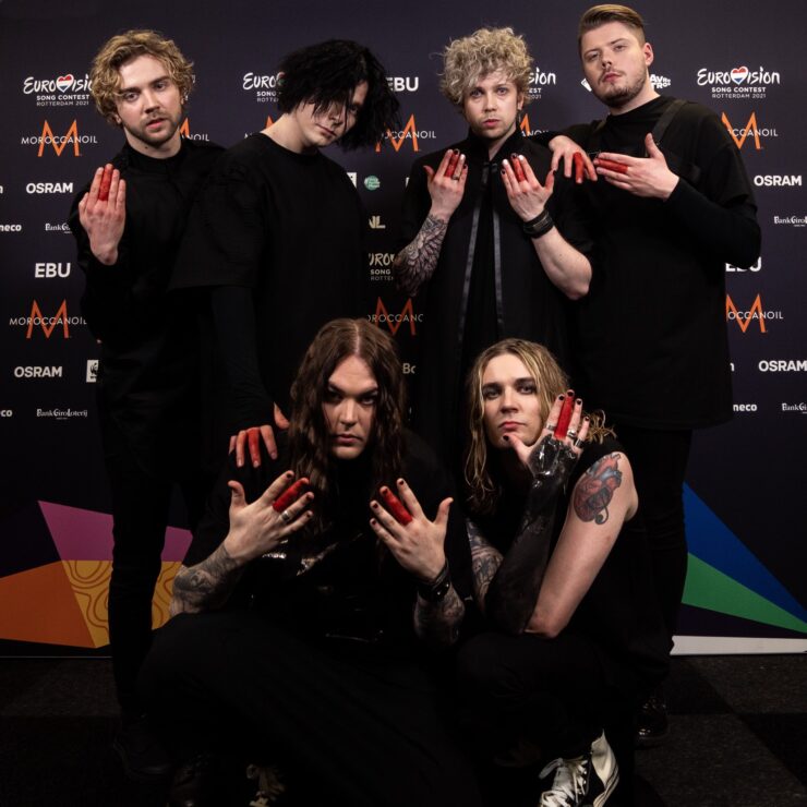 Finland's Blind Channel show their middle fingers backstage at the 2021 Eurovision Song Contest