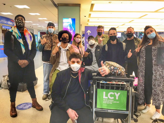James Newman and UK Eurovision Team at London City Airport