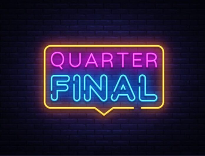 Quarter Final Neon Text Vector. Neon sign, design template, modern trend design, night neon signboard, night bright advertising, light banner, light art. Vector illustration