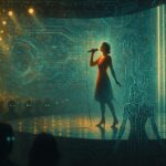 A surreal, stylised stage scene blending human and machine elements. A futuristic Eurovision-style performance setting: glittering lights, dramatic LED screens, and a lone singer on stage whose shadow morphs into robotic circuitry. In the audience, blurred outlines of people watch with glowing eyes, blending humanity and technology. The background hints at digital distortion, wires, and algorithmic shapes creeping across the set. Mood is cinematic and thought-provoking, with contrasts between organic warmth and cold precision.