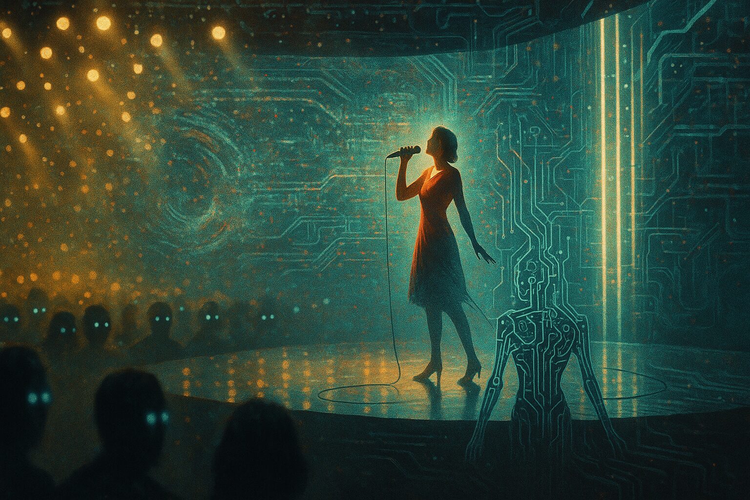 AI-written songs are here – and Eurovision isn’t ready A surreal, stylised stage scene blending human and machine elements. A futuristic Eurovision-style performance setting: glittering lights, dramatic LED screens, and a lone singer on stage whose shadow morphs into robotic circuitry. In the audience, blurred outlines of people watch with glowing eyes, blending humanity and technology. The background hints at digital distortion, wires, and algorithmic shapes creeping across the set. Mood is cinematic and thought-provoking, with contrasts between organic warmth and cold precision.