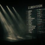 A dramatic Eurovision stage bathed in shadows, with spotlight beams cutting through smoke, a scoreboard in the background glitching or flickering, and hints of flags from various countries. Moody, suspenseful atmosphere with subtle undertones of surveillance and digital interference. No performers visible, just an ominous sense of intrigue.
