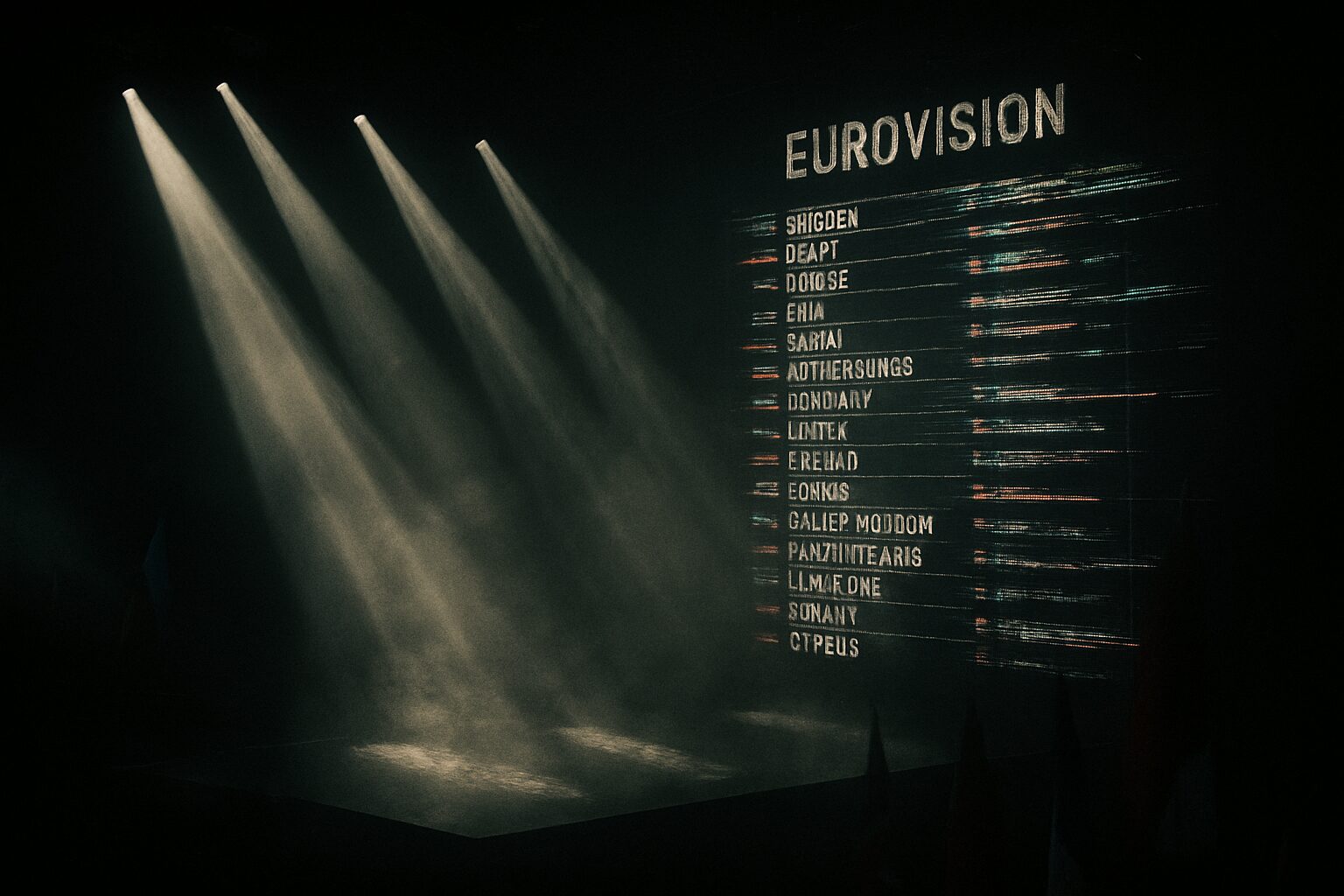 Cheating in the Eurovision Song Contest: A Historical Analysis A dramatic Eurovision stage bathed in shadows, with spotlight beams cutting through smoke, a scoreboard in the background glitching or flickering, and hints of flags from various countries. Moody, suspenseful atmosphere with subtle undertones of surveillance and digital interference. No performers visible, just an ominous sense of intrigue.