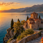 view of Lake Ohrid and the Church of Saint John at Kaneo, North Macedonia.