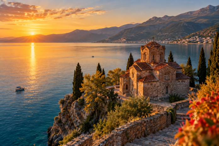 image_2026-09-14_222028633 view of Lake Ohrid and the Church of Saint John at Kaneo, North Macedonia.